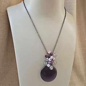 Purple Cat Eye Glass Pendant with Grape Cluster Bead Accent
